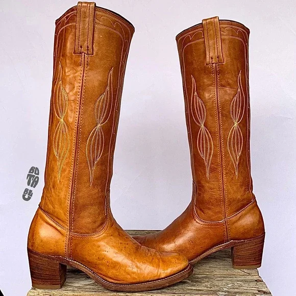 SOLD FRYE Vintage Black Label Stitching Tall Knee High Brown Western Boots 9 9.5 - Picture 3 of 11